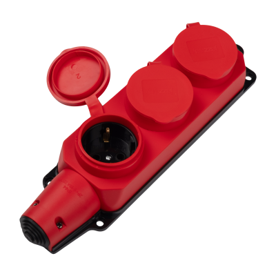 Розетка (колодка) 3-местная с защитными крышками PRC-123-Red 16A 220V IP44 каучук красная — вид 4