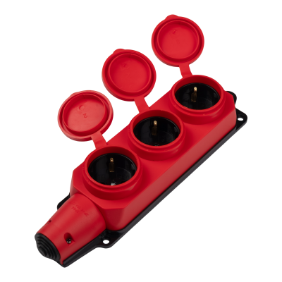 Розетка (колодка) 3-местная с защитными крышками PRC-123-Red 16A 220V IP44 каучук красная — вид 5