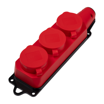 Розетка (колодка) 3-местная с защитными крышками PRC-123-Red 16A 220V IP44 каучук красная — вид 2