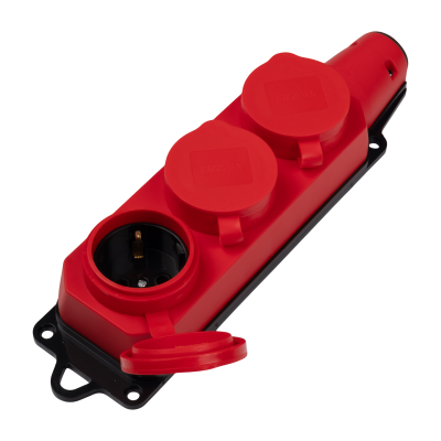 Розетка (колодка) 3-местная с защитными крышками PRC-123-Red 16A 220V IP44 каучук красная — вид 3